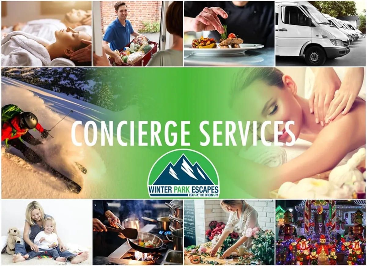 A thoughtfully composed collage of resort-style amenities, including scenes of concierge services, spa treatments, family activities, gourmet meals, transportation, and festive decorations. The atmosphere exudes luxury, hospitality, and diverse experiences.