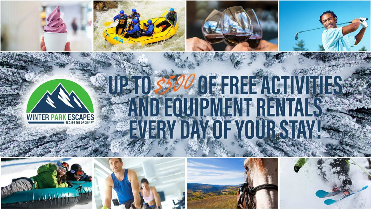 A lively collage of various outdoor activities, including rafting on a rushing river, skiers and snowboarders gliding down snowy slopes, families enjoying ice cream, and horseback riders on scenic trails. The mood is adventurous, capturing the excitement of both winter and summer adventures.