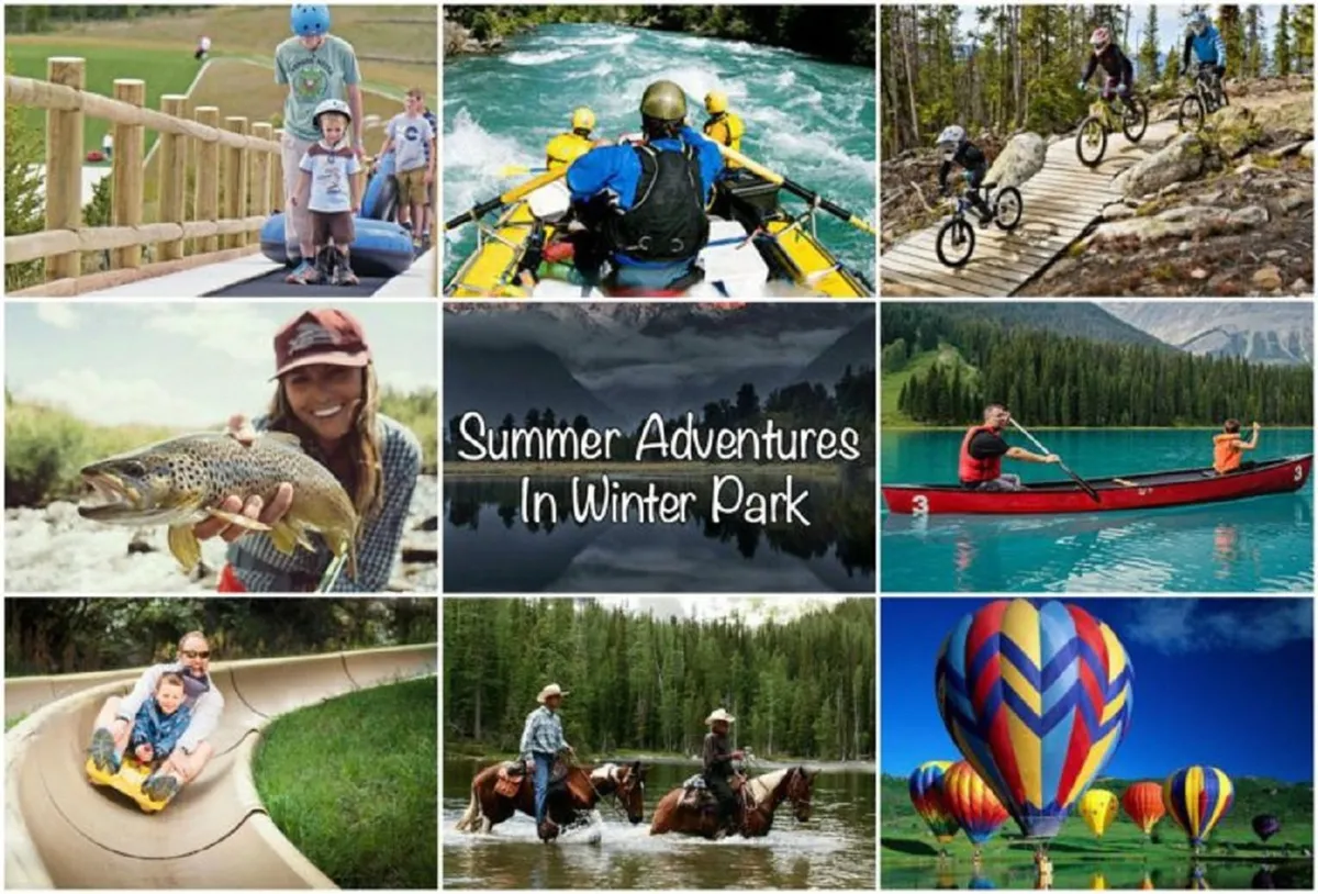 A wide scene filled with families and friends partaking in diverse outdoor adventures like biking, fishing, water sports, and horseback riding, all set against a backdrop of mountains and open skies. The atmosphere is vibrant and adventurous.