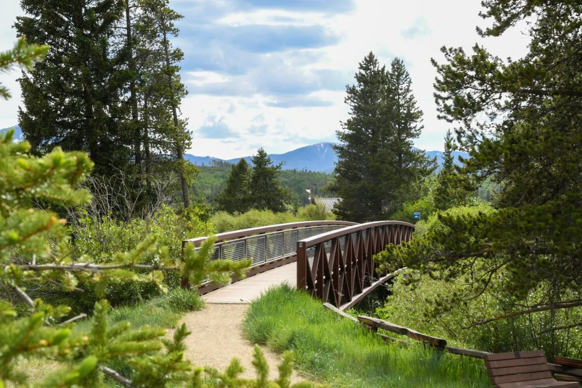 A serene exterior view of a wooden bridge surrounded by lush trees and a dramatic mountain backdrop, ideal for hiking, nature observation, and tranquil moments outdoors. The setting conveys the beauty and variety of summer activities available.